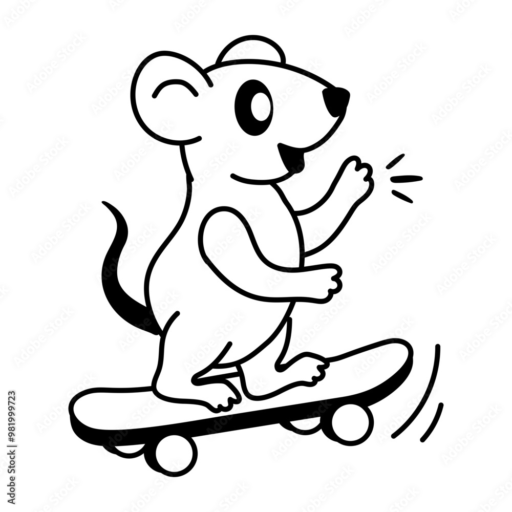 Wall mural hand drawn icon of rat skateboarding