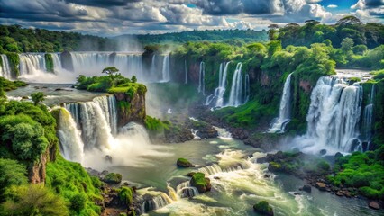 Fototapeta premium Breathtaking view of Iguazu Falls cascading down the cliffs surrounded by lush greenery and mist, Iguazu Falls
