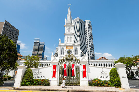 Singapore- July 18, 2024: The CHIJMES Hall in Singapore is a historical building in the early Gothic Revival style, former catholic monastery Catholic convent, now a function hall and wedding venue.