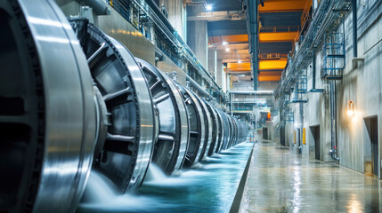 Fototapeta premium Engineers inspect massive turbines inside a modern hydroelectric power plant, with water flowing through large pipes. The facility is designed for maximum energy efficiency.