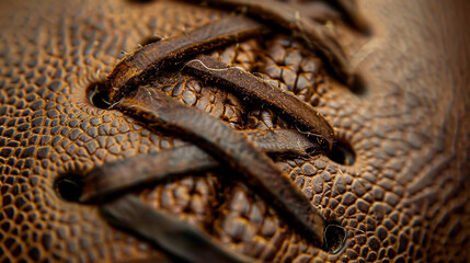 Closeup of an American footballs laces and texture, sport theme, front view, highlighting intricate details, advanced tone, Complementary Color Scheme