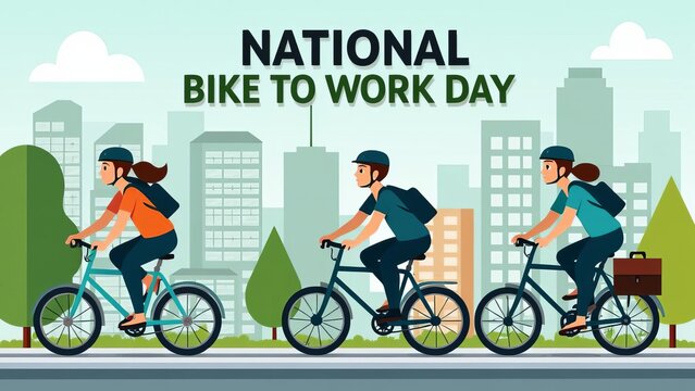 National Bike to Work Day: Urban Cycling Commuters in City Landscape - Powered by Adobe