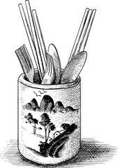 Cutlery Holder Line Art and Kopitam Cafe Digital Illustration Vector Clipart