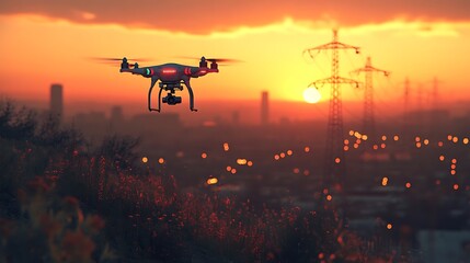 Drone flying over city skyline at sunset.