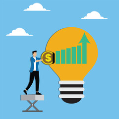 Investment in knowledge for more success, paying for additional learning and skill enhancement concept, Businessman putting coin in light bulb while soaring graph out