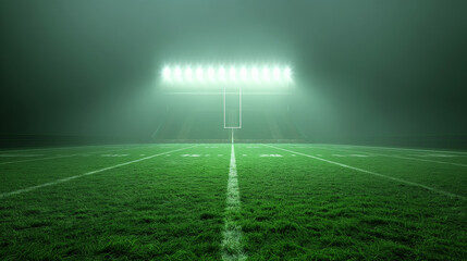 American football high school stadium lights from center field on green
