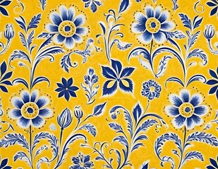 Norwegian Scandinavian rosemaling traditional handpainted folk art in bright yellow floral pattern