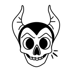 Horned skull with a creepy smile, doodle icon  