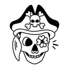 Hand drawn icon of pirate skull with eye patch  