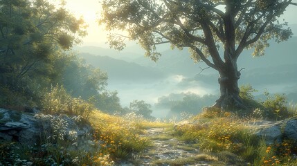 Sunlit Path Through Foggy Forest Landscape