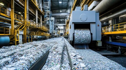 Rolls of recycled paper are produced by machines in a modern facility, promoting the reuse of paper waste in an industrial recycling process.