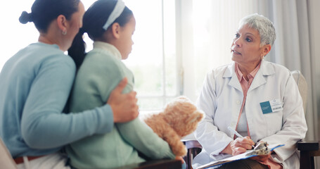 Hospital, clipboard and doctor with child for consulting, medical service and assessment in clinic. Healthcare, pediatrician and woman with mother and girl for diagnosis, discussion and wellness