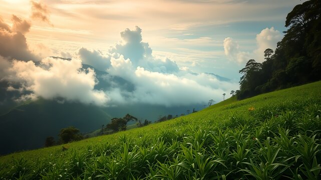 A lush green meadow amidst the rolling hills of the ancient rainforests of Cherrapunji, with misty clouds swirling
