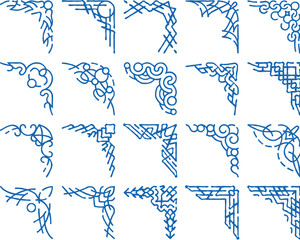 Fototapeta premium corner decoration doodle icons set vector. sketch line art corner decorative border and frame, stylish decor for glass or mirror, stylish ornament color illustrations