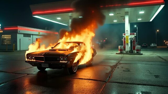 A vintage car catches fire at a gas station, sending flames and smoke into the night sky as bystanders watch in shock and concern.