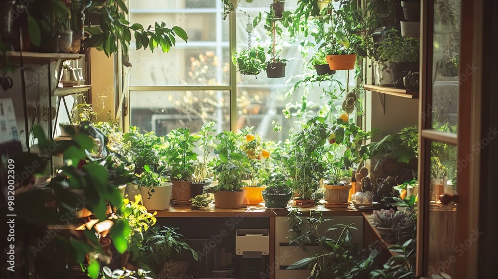 Wall mural windowsill filled with potted plants and sunlight