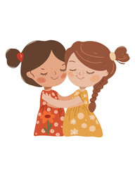 Two cartoon girls hugging each other, sisters, friends