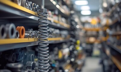 Fototapeta premium Blurred Shelves with Car Parts and Hardware in Auto Store Background