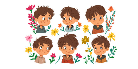 Set portrait of cute cartoon happy boys with flowers