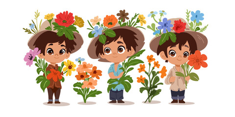 Set of cute cartoon happy boys in hats and with bouquets of flowers