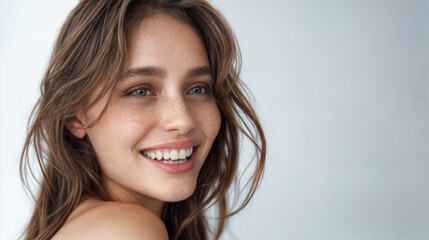 Naklejka premium Studio headshot of a fashion model with loosely combed long brown hair and smiling. Three-quarter profile. Light freckles and blue eyes. Bare shoulders. Copy space.
