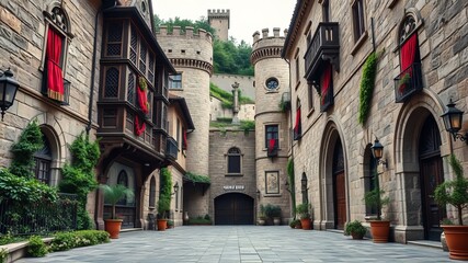 Obraz premium A majestic medieval architecture-filled landscape with intricately carved stone structures, vibrant tapestry-hung