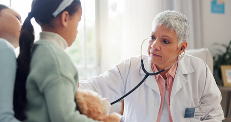 Fototapeta premium Healthcare, stethoscope and doctor with child listening for consulting, medical service and help in clinic. Hospital, pediatrician and woman with mom and girl for diagnosis, breathe and wellness