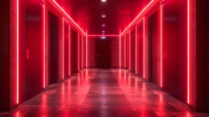 Neon lit hallway with clean modern design and vibrant color details creating a contemporary and stylish look.