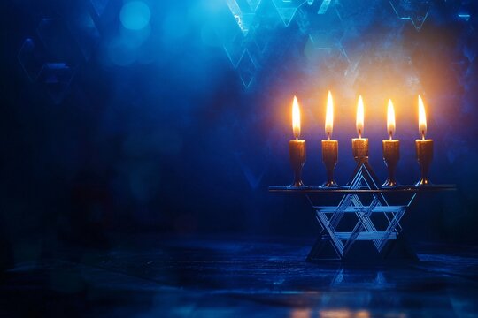 With cool blue tones, a minimalist Hanukkah design showcases a simple menorah alongside geometric Star of David shapes