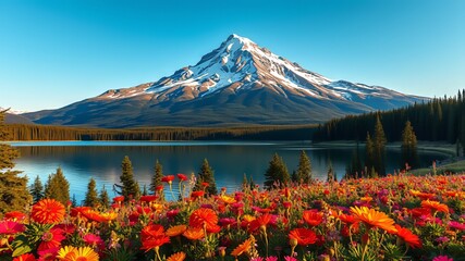 A majestic, snow-capped mountain peak rises above a tranquil, serene lake, surrounded by lush green forests and a
