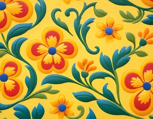 Norwegian Scandinavian rosemaling traditional handpainted folk art in bright yellow floral pattern