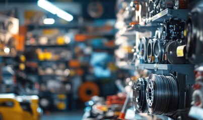 Fototapeta premium Blurred Shelves with Car Parts and Hardware in Auto Store Background