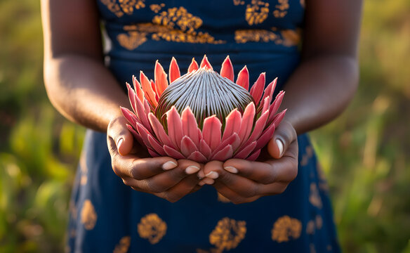 An African woman gently cradles a protea flower in her hands in a celebration of life, nature and growth