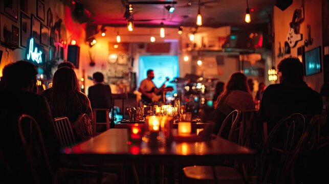 People Sit at Tables in a dimly lit Bar with a Musician Performing