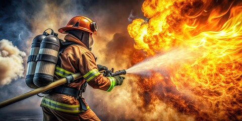 Fototapeta premium Firefighter in action battling intense flames , firefighting, hero, danger, brave, emergency, rescue, firefighter gear, heat, smoke