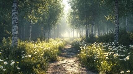 Obraz premium Serene forest path with blooming flowers and soft sunlight.