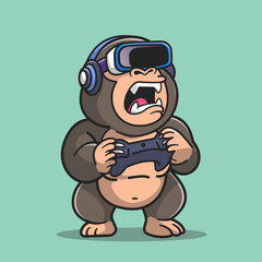 Obraz premium Cute Gorilla Playing Game Virtual Reality With Joystick Cartoon Vector Icon Illustration. Animal Technology Icon Concept Isolated Premium Vector. Flat Cartoon Style