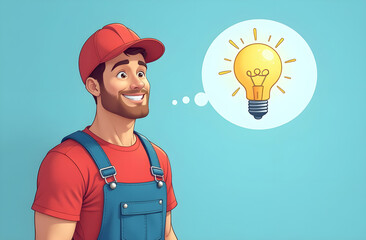 Cheerful technician, repairman with a bright light bulb Illustration of an idea that demonstrates creative thinking