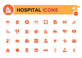 Set of hospital and medical icons. Solid symbol collection. Filled icon set, glyph for web and ui. Editable stroke. Solid icon set. Vector illustration.
