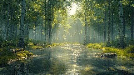 Serene forest scene with a tranquil river and dappled sunlight.