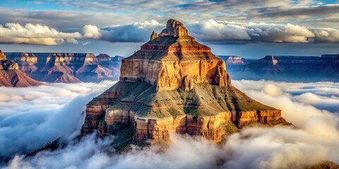 Majestic peak in the Grand Canyon enveloped in fog and clouds, Grand Canyon, peak, fog, clouds, mist, majestic, landscape