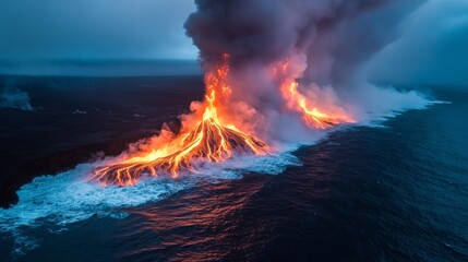 Drone shot over a volcanic island, molten lava glowing brightly as it streams down into the ocean, meeting deep blue waters, steam rising into the sky