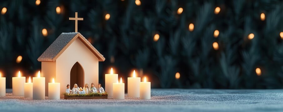 A Christmas Eve church service with glowing candles and a nativity scene, church service, candles, nativity - Powered by Adobe