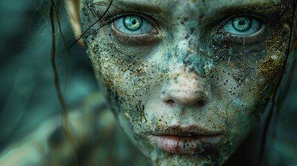 Obraz premium Intense Portrait of a Woman with Green Eyes and Textured Skin