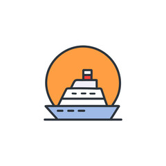 Obraz premium Abstract colorful ship and orange sky after sundown in the middle of sea vector art illustration icon design. Icon concept vector design