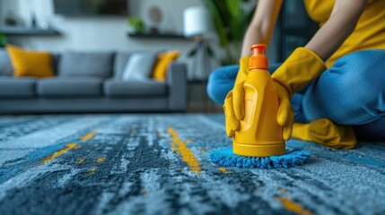 Fototapeta premium cleaning person with detergent in a spray bottle in hands in living room, cleaning service concept.