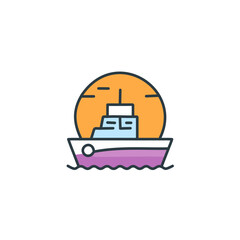 Obraz premium Abstract colorful ship and orange sky after sundown in the middle of sea vector art illustration icon design. Icon concept vector design