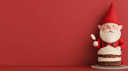 A cheerful Christmas gnome with a white beard and red hat holds a spatula while decorating a cake with frosting, set against a red background.