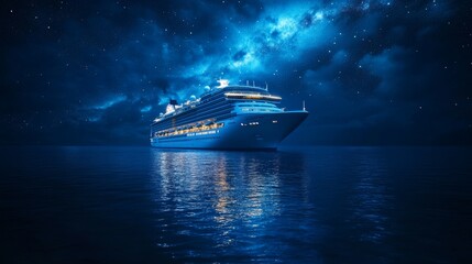 Massive cruise ship sailing through deep blue waters under a starry night sky, celestial constellations reflected on the ocean surface, surrealism, dark tones, dreamlike quality