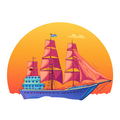 Abstract colorful ship and orange sky after sundown in the middle of sea vector art illustration icon design. Icon concept vector design